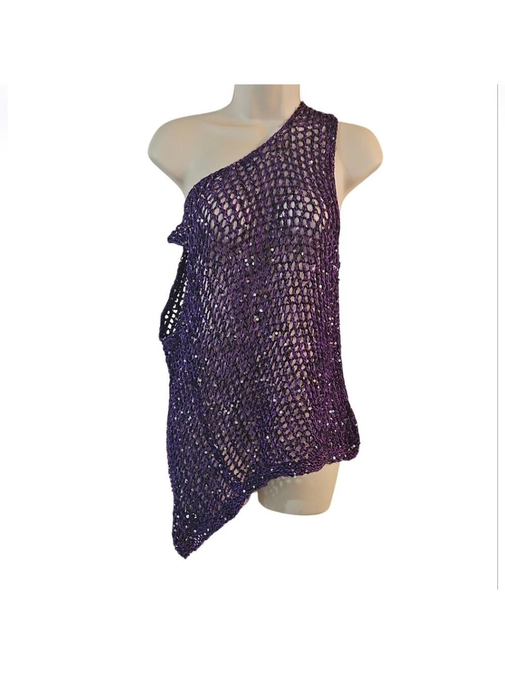 Handmade Crochet Cover-Up Sparkle Mesh Resort Top One Size 20" Asymmetrical Hem - Picture 5 of 15